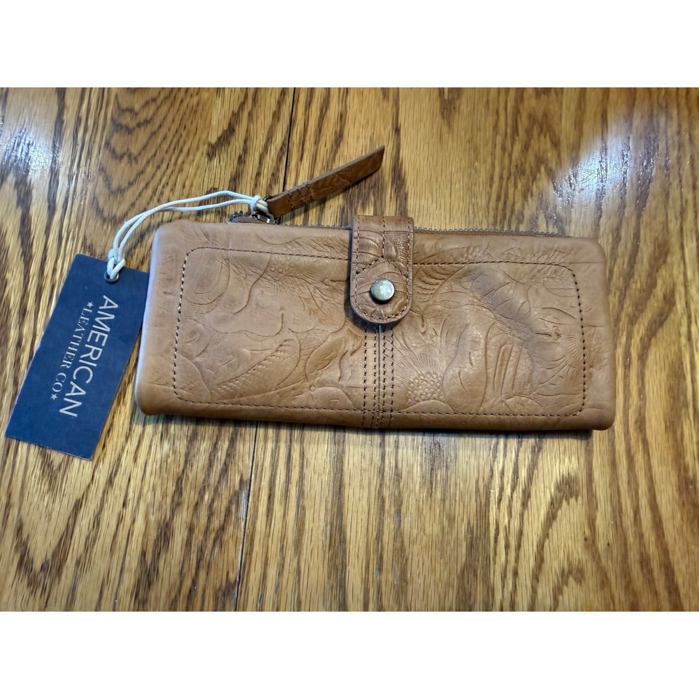 American Leather Co Tan Embossed Floral Slim Wallet Zip Card Case New